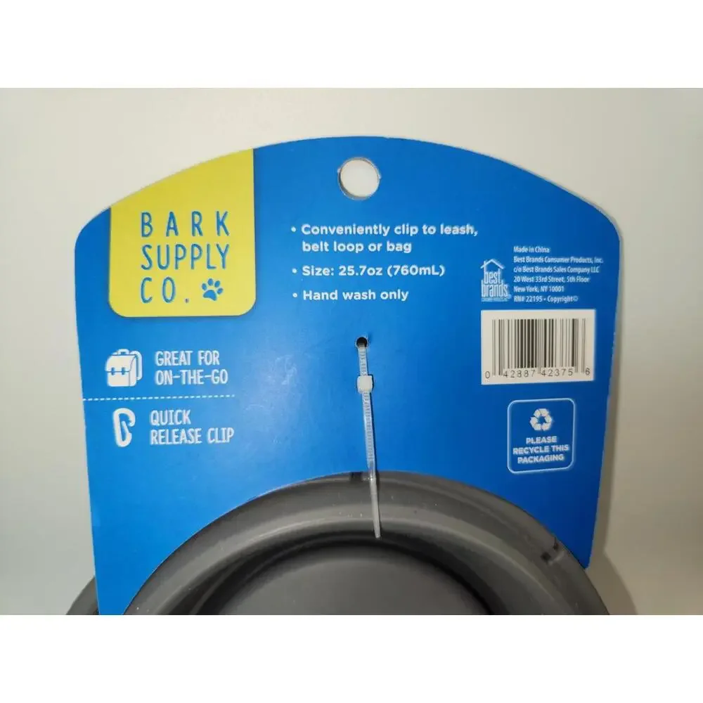 NWT Bark Supply Collapsible Dog Bowl 25.7oz Gray W/Belt Clip